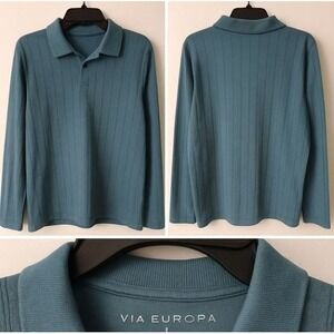 Via Europa Men Polo Large Blue Textured Cotton Blend Casual  Activewear Workwear